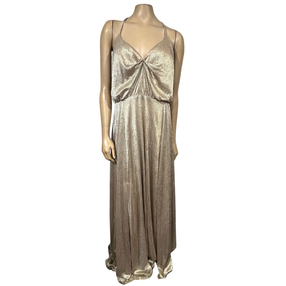 Hayley Paige Occasions Metallic Gold Gown V-Neck Open Back Maxi Dress 16
